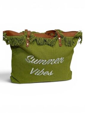 Studio Works Green Fringe Tote with 'Summer Vibes' Embroidery